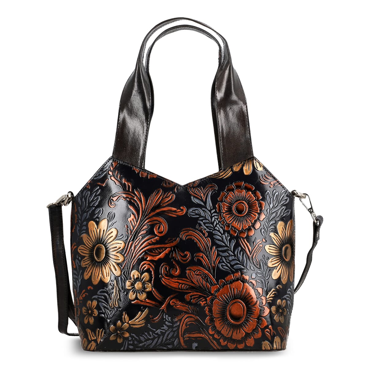 Vivid by Sukriti Dark Grey Colorful Poppy Hand Painted 100% Genuine Leather Tote Bag image number 0