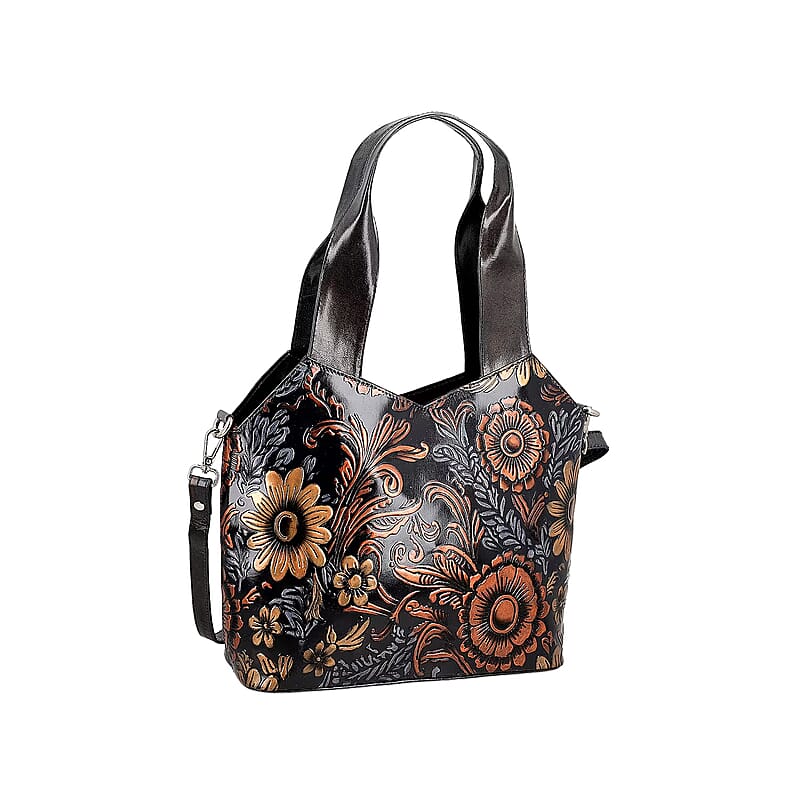 Vivid by Sukriti Dark Grey Colorful Poppy Hand Painted 100% Genuine Leather Tote Bag