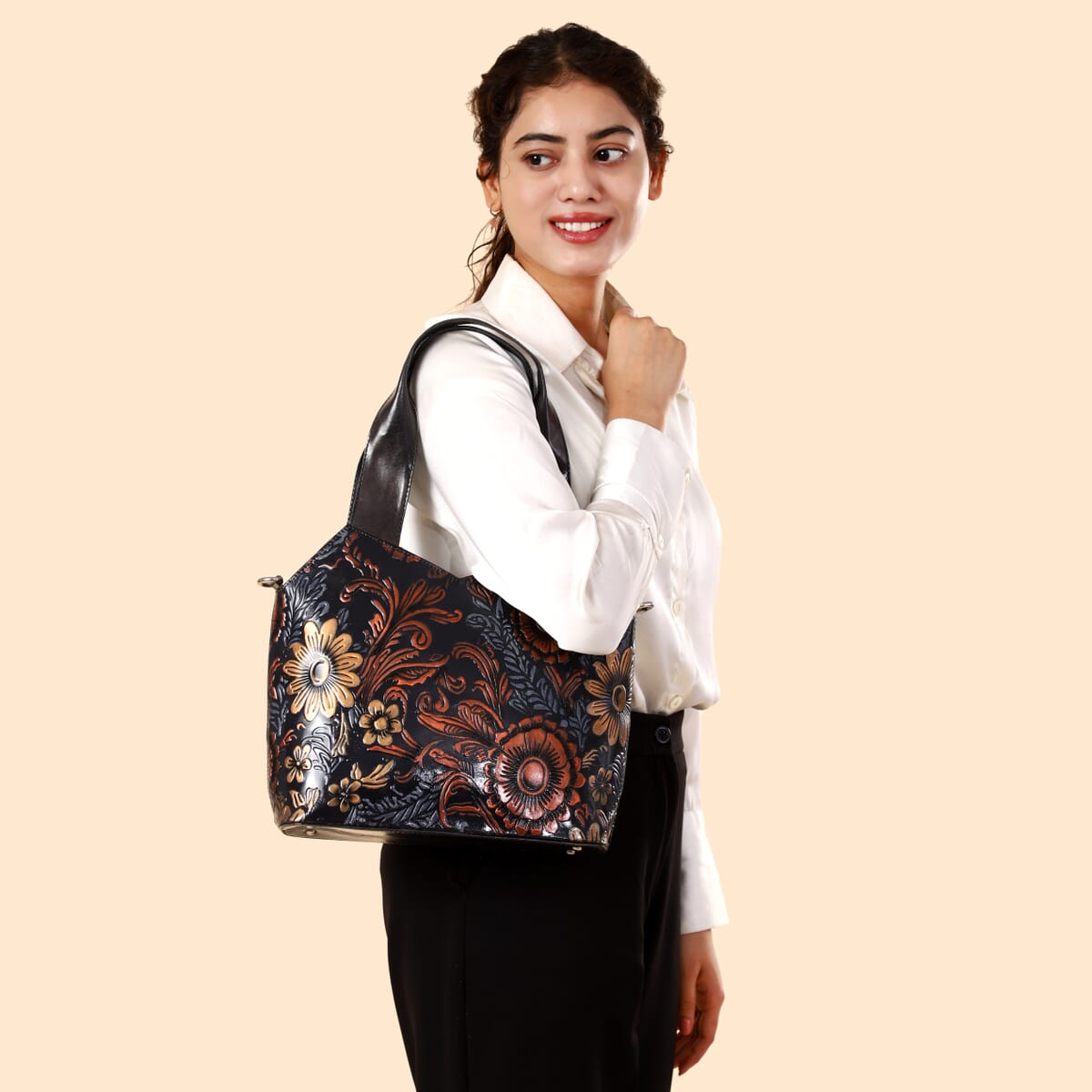 Vivid by Sukriti Dark Grey Colorful Poppy Hand Painted 100% Genuine Leather Tote Bag image number 1