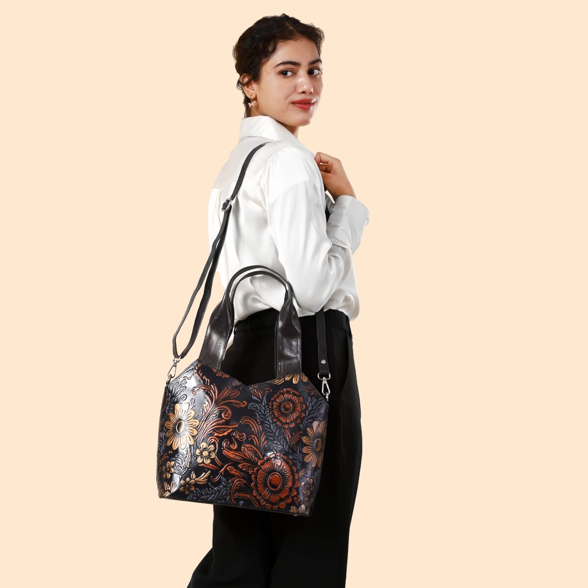 Vivid by Sukriti Dark Grey Colorful Poppy Hand Painted 100% Genuine Leather Tote Bag image number 3