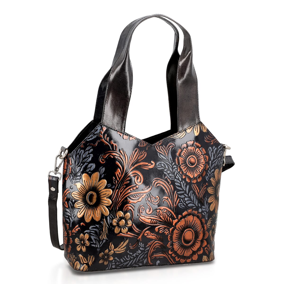 Vivid by Sukriti Dark Grey Colorful Poppy Hand Painted 100% Genuine Leather Tote Bag image number 4