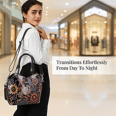 Vivid by Sukriti Dark Grey Colorful Poppy Hand Painted 100% Genuine Leather Tote Bag