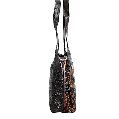 Vivid by Sukriti Dark Grey Colorful Poppy Hand Painted 100% Genuine Leather Tote Bag