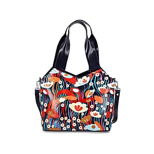 Vivid by Sukriti Navy Colorful Poppy Hand Painted 100% Genuine Leather Tote Bag