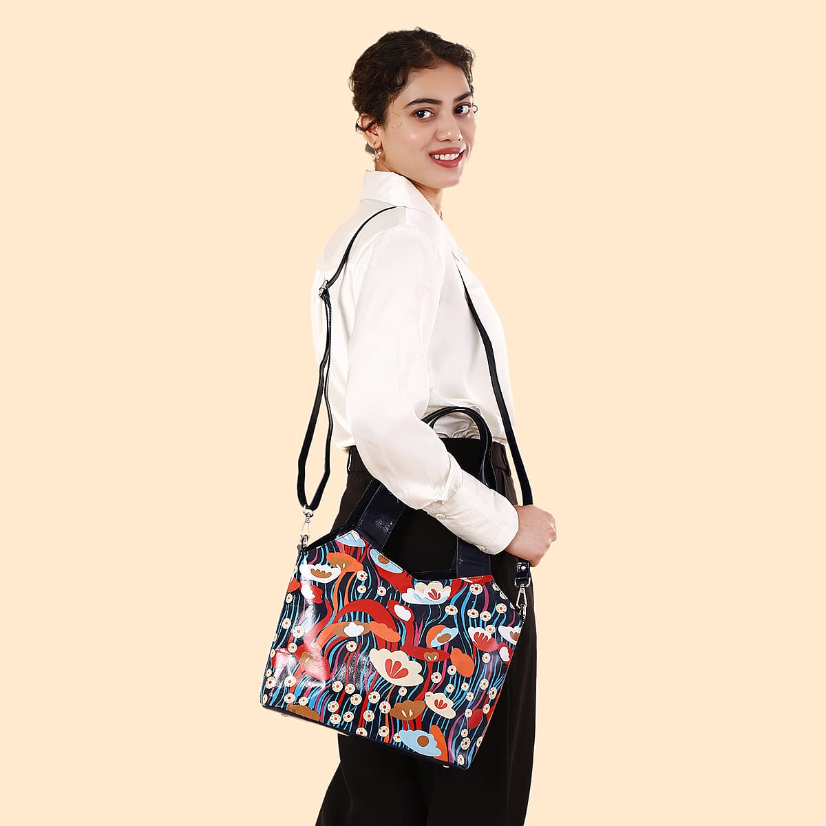Vivid by Sukriti Navy Colorful Poppy Hand Painted 100% Genuine Leather Tote Bag image number 1