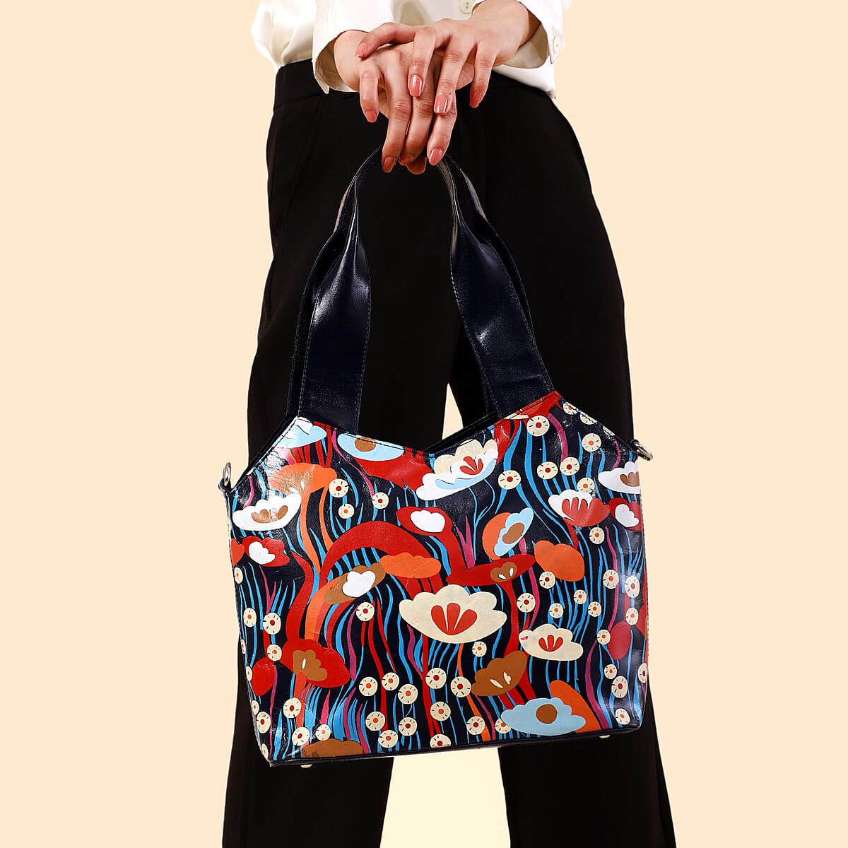 Vivid by Sukriti Navy Colorful Poppy Hand Painted 100% Genuine Leather Tote Bag image number 2