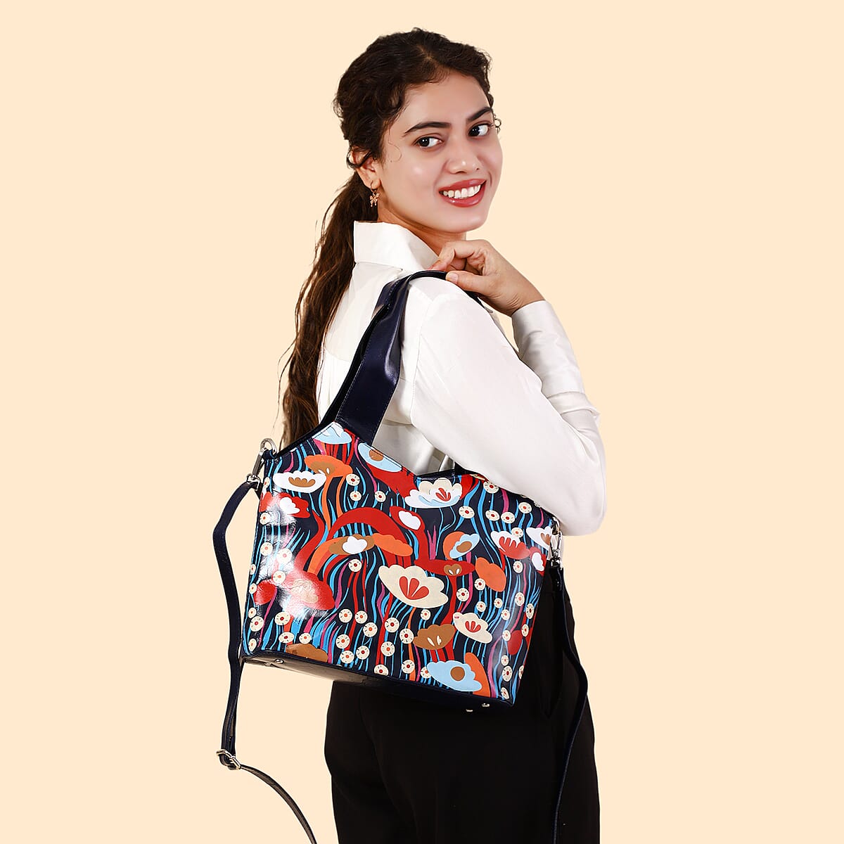 Vivid by Sukriti Navy Colorful Poppy Hand Painted 100% Genuine Leather Tote Bag image number 3