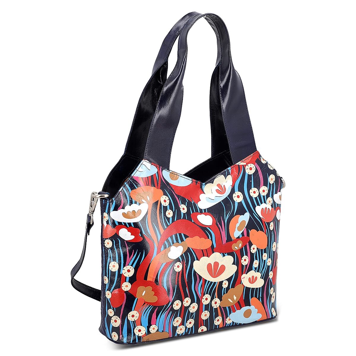 Vivid by Sukriti Navy Colorful Poppy Hand Painted 100% Genuine Leather Tote Bag image number 4