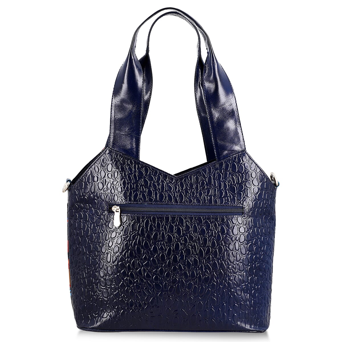 Vivid by Sukriti Navy Colorful Poppy Hand Painted 100% Genuine Leather Tote Bag image number 5