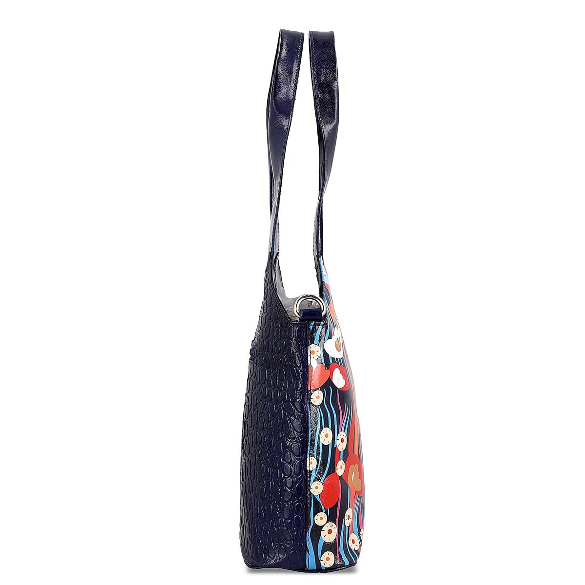 Vivid by Sukriti Navy Colorful Poppy Hand Painted 100% Genuine Leather Tote Bag image number 6
