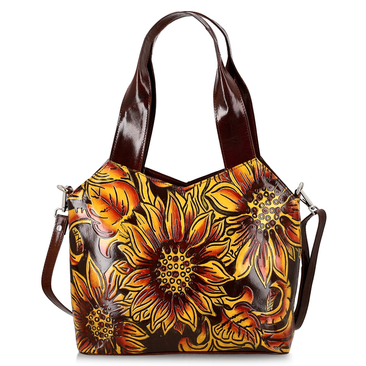 Vivid by Sukriti Dark Tan Colorful Poppy Hand Painted 100% Genuine Leather Tote Bag image number 0