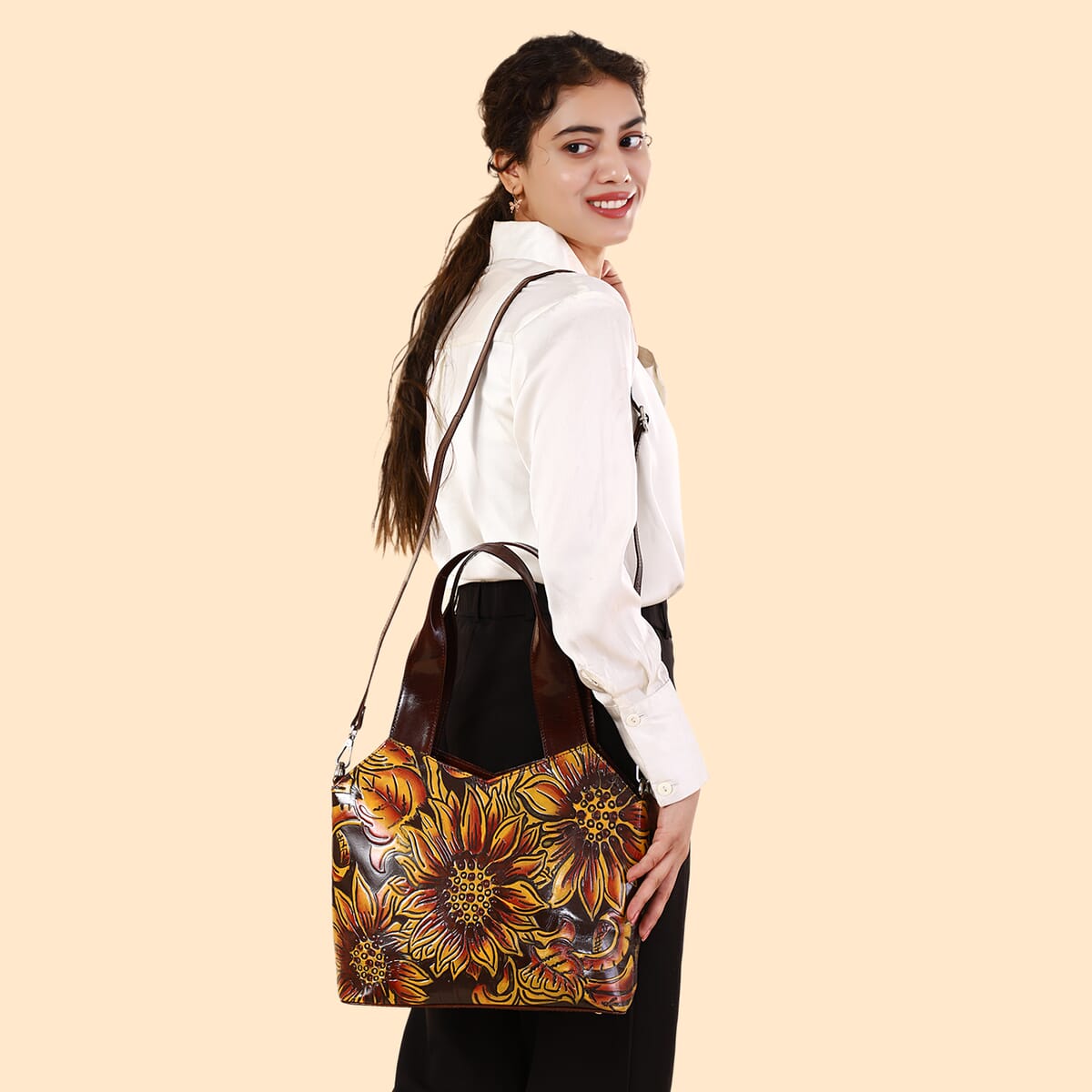 Vivid by Sukriti Dark Tan Colorful Poppy Hand Painted 100% Genuine Leather Tote Bag image number 1