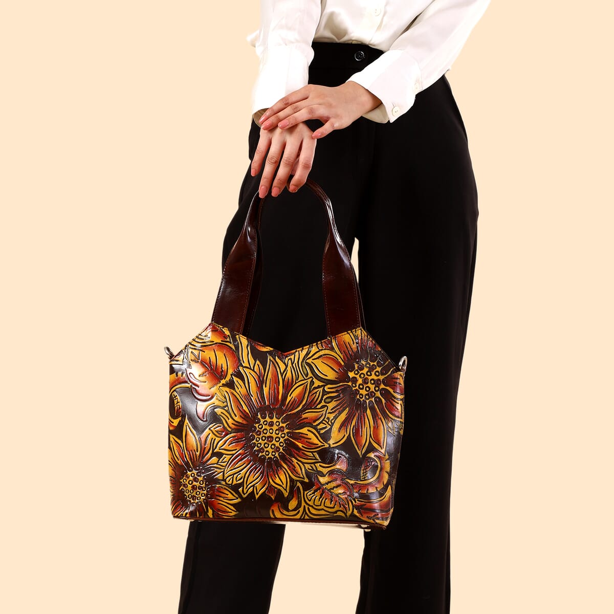 Vivid by Sukriti Dark Tan Colorful Poppy Hand Painted 100% Genuine Leather Tote Bag image number 2