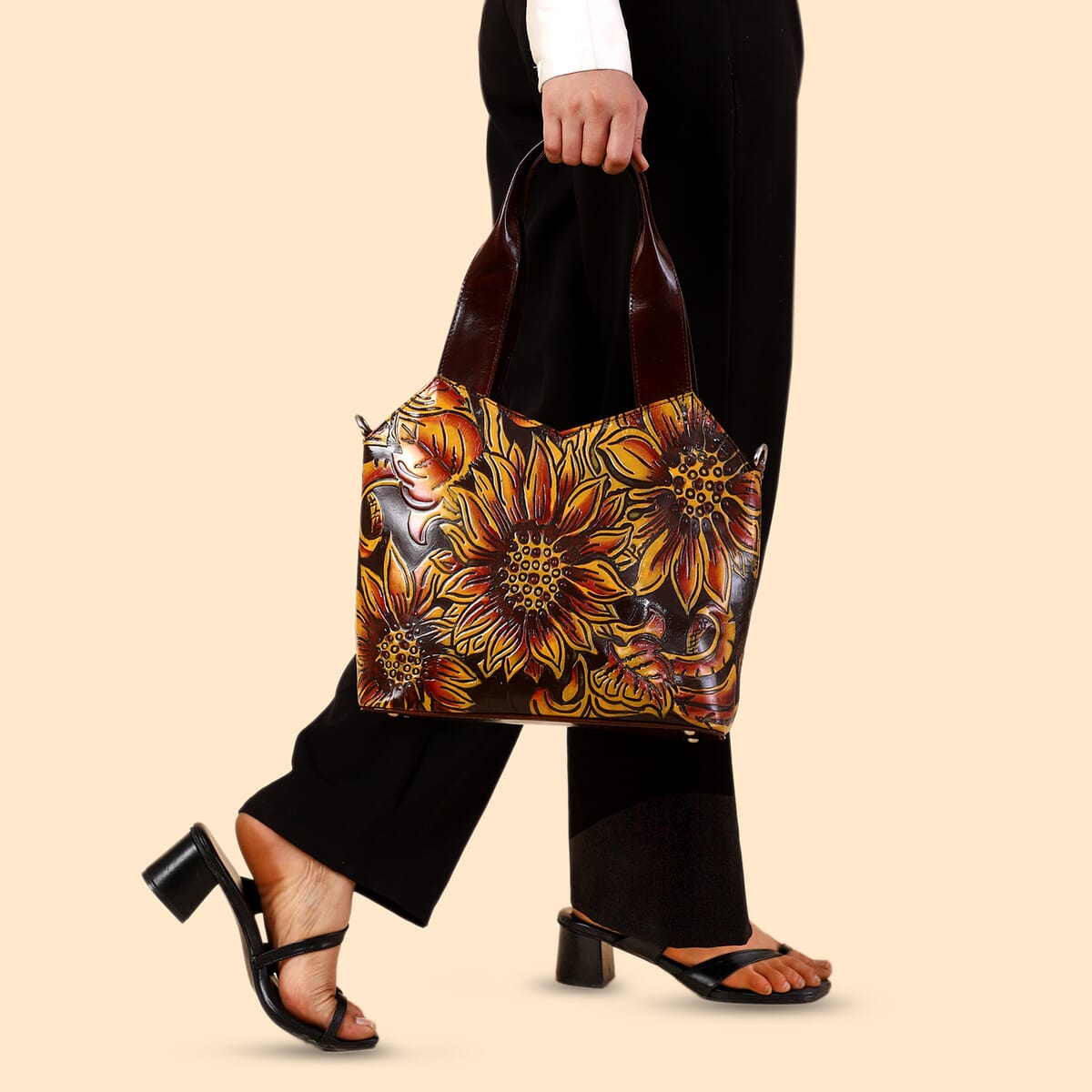 Vivid by Sukriti Dark Tan Colorful Poppy Hand Painted 100% Genuine Leather Tote Bag image number 3