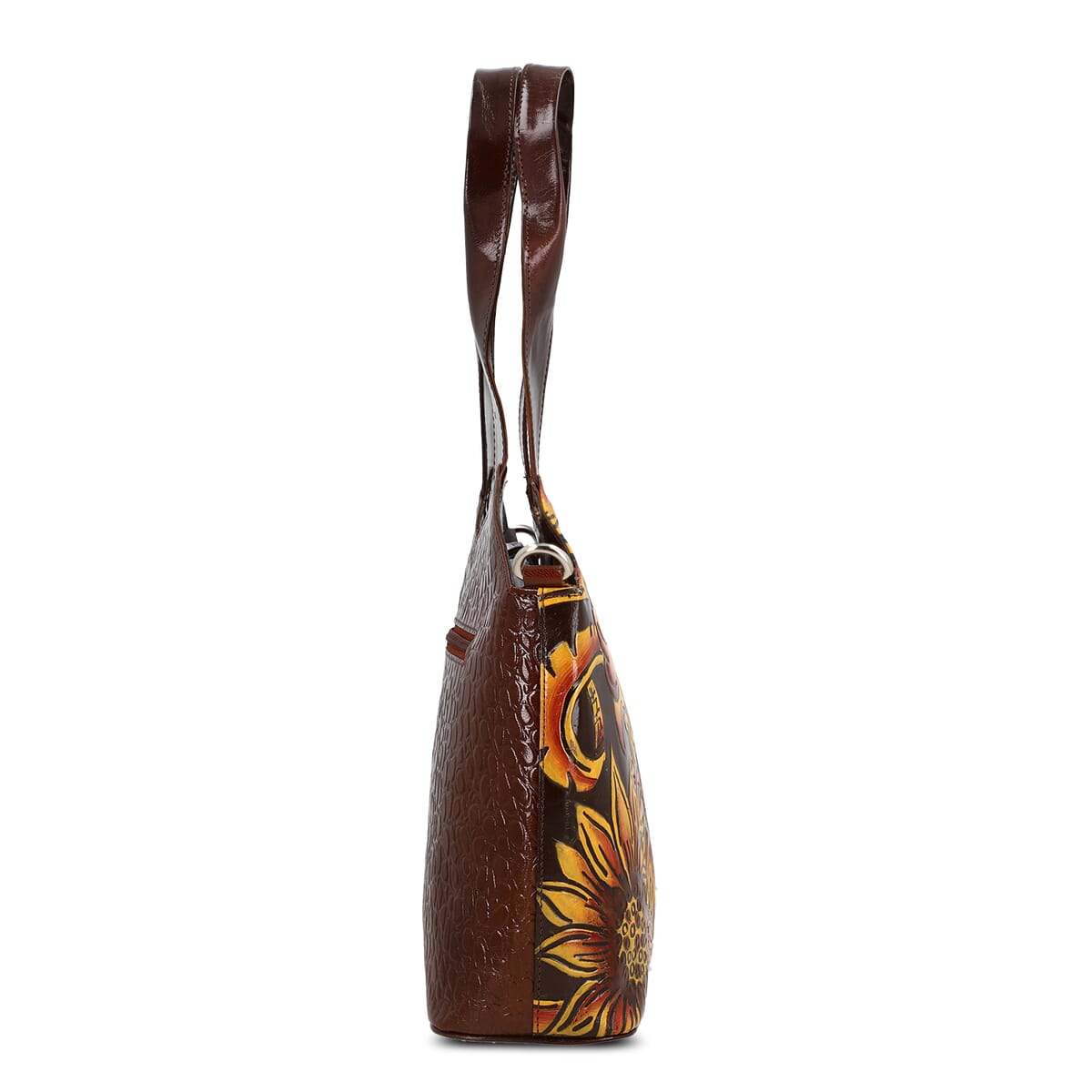Vivid by Sukriti Dark Tan Colorful Poppy Hand Painted 100% Genuine Leather Tote Bag image number 6