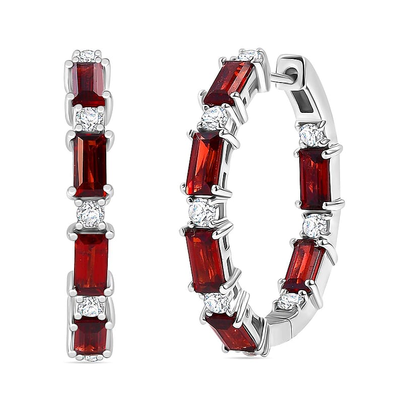D'Joy Mozambique Garnet and White Zircon 7.20 ctw Hoop Earring in Rhodium Over Sterling Silver