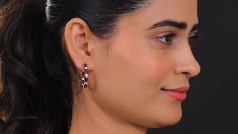 D'Joy Mozambique Garnet and White Zircon 7.20 ctw Hoop Earring in Rhodium Over Sterling Silver