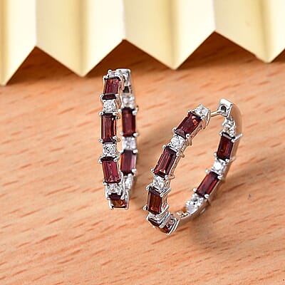 D'Joy Mozambique Garnet and White Zircon 7.20 ctw Hoop Earring in Rhodium Over Sterling Silver