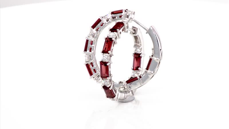 D'Joy Mozambique Garnet and White Zircon 7.20 ctw Hoop Earring in Rhodium Over Sterling Silver