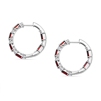 D'Joy Mozambique Garnet and White Zircon 7.20 ctw Hoop Earring in Rhodium Over Sterling Silver