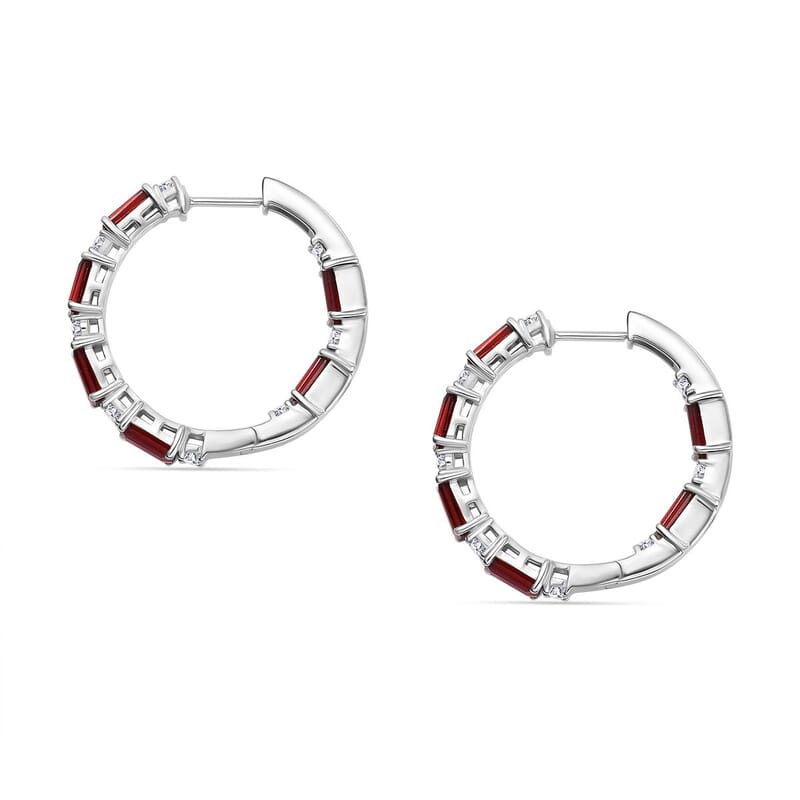 D'Joy Mozambique Garnet and White Zircon 7.20 ctw Hoop Earring in Rhodium Over Sterling Silver