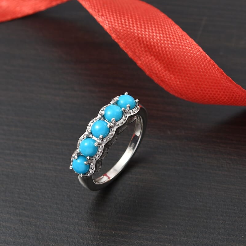 D'Joy Sleeping Beauty Turquoise 1.40 ctw 5 Stone Ring in Platinum Over Sterling Silver (Size 5.0)