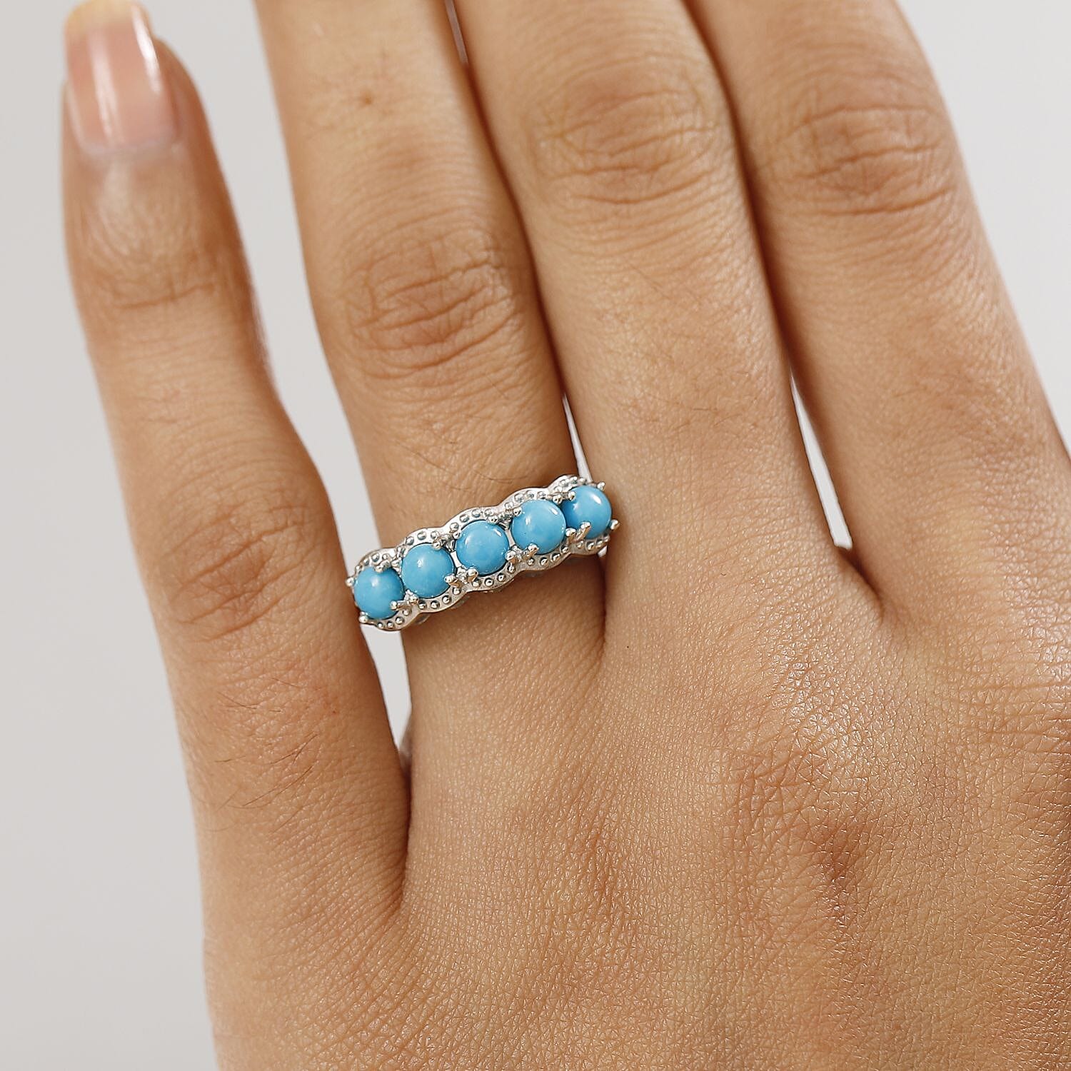 D'Joy Sleeping Beauty Turquoise 1.40 ctw 5 Stone Ring in Platinum Over Sterling Silver (Size 5.0)