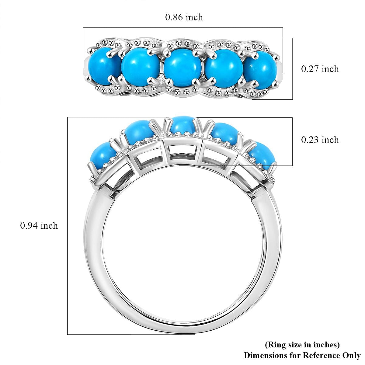 D'Joy Sleeping Beauty Turquoise 1.40 ctw 5 Stone Ring in Platinum Over Sterling Silver (Size 5.0)