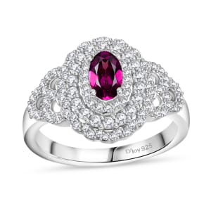 AAA Radiant Ember Garnet and Moissanite 1.30 ctw Cherry Blossom Ring in Rhodium Over Sterling Silver (Size 8.0)