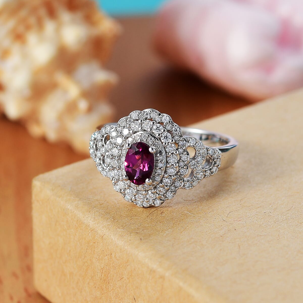 AAA Radiant Ember Garnet and Moissanite 1.30 ctw Cherry Blossom Ring in Rhodium Over Sterling Silver (Size 8.0) image number 1