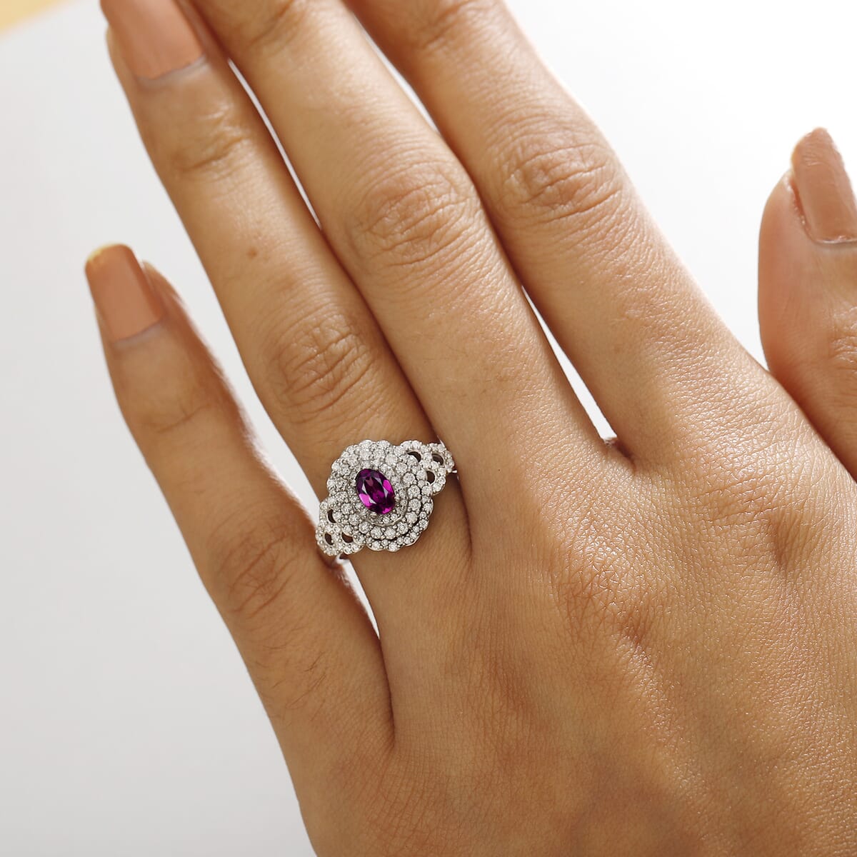 AAA Radiant Ember Garnet and Moissanite 1.30 ctw Cherry Blossom Ring in Rhodium Over Sterling Silver (Size 8.0) image number 2