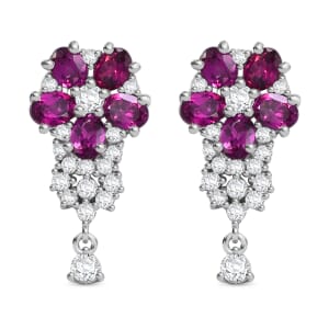 AAA Radiant Ember Garnet and White Zircon 3.30 ctw Dangling Floral Earrings in Rhodium Over Sterling Silver