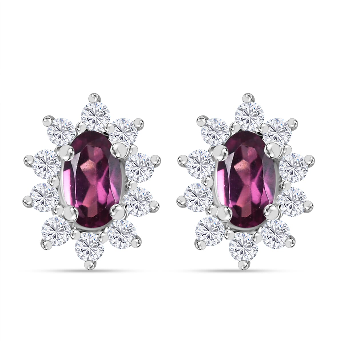 AAA Radiant Ember Garnet and White Zircon 1.00 ctw Floral Stud Earrings in Rhodium Over Sterling Silver image number 0