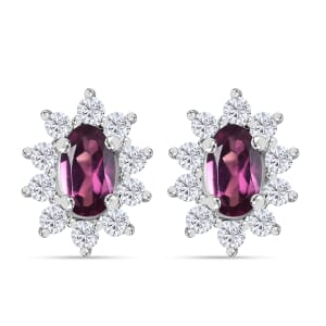 AAA Radiant Ember Garnet and White Zircon 1.00 ctw Floral Stud Earrings in Rhodium Over Sterling Silver