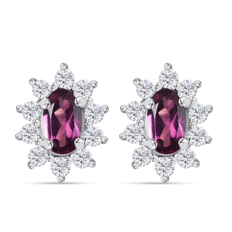 D'Joy AAA Radiant Ember Garnet and White Zircon 1.00 ctw Floral Stud Earrings in Rhodium Over Sterling Silver