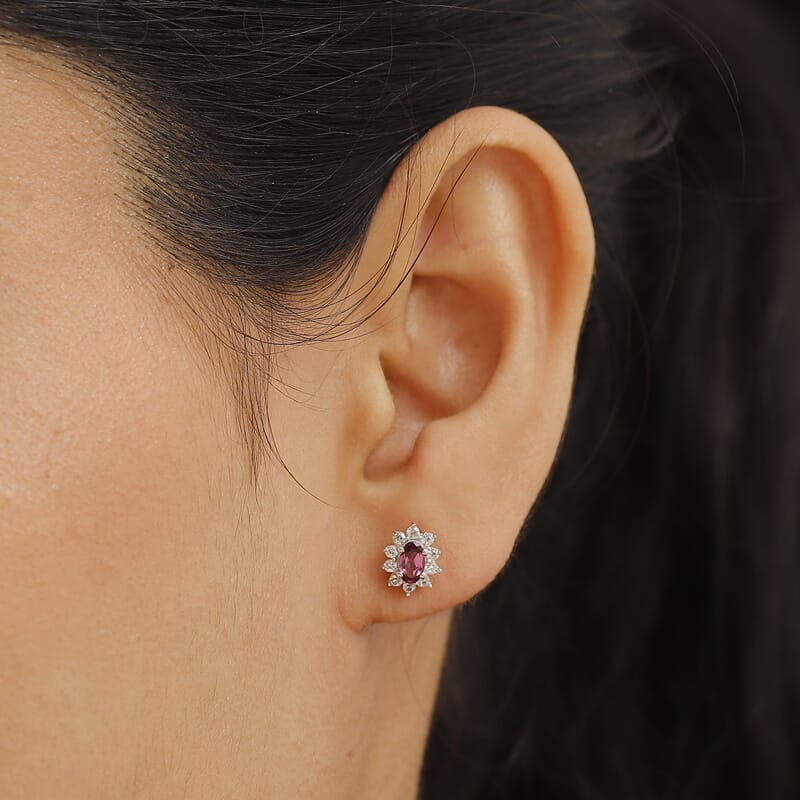 D'Joy AAA Radiant Ember Garnet and White Zircon 1.00 ctw Floral Stud Earrings in Rhodium Over Sterling Silver