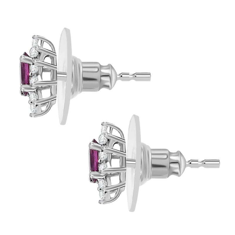 D'Joy AAA Radiant Ember Garnet and White Zircon 1.00 ctw Floral Stud Earrings in Rhodium Over Sterling Silver