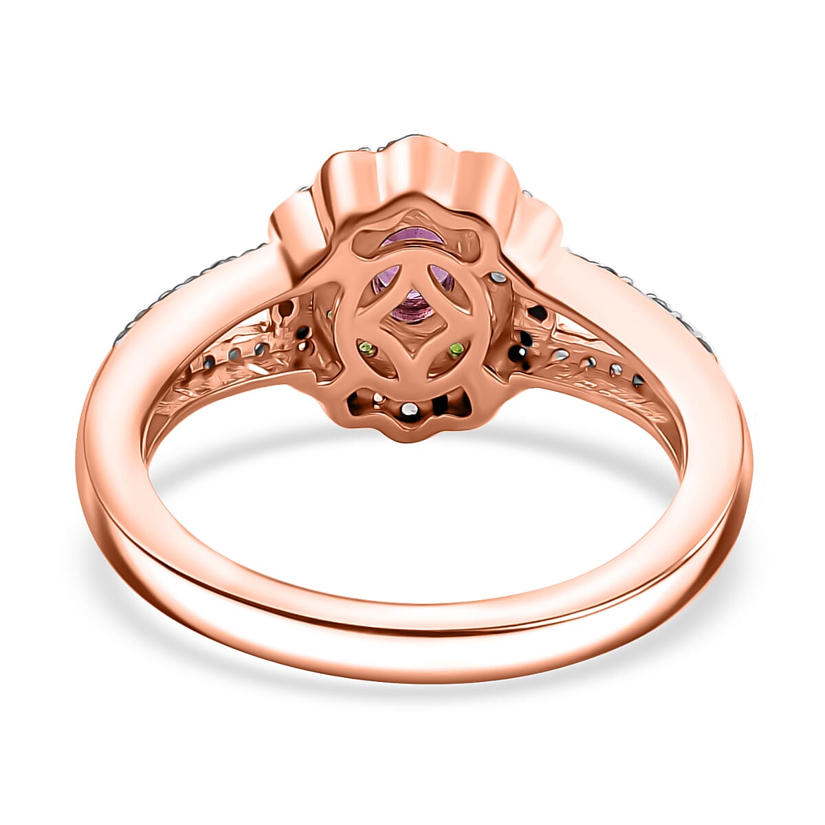 D'Joy AAA Radiant Ember Garnet, White Zircon and Natural Chrome Diopside 1.00 ctw Split Shank Floral Ring in 18K Vermeil Rose Gold Sterling Silver (Size 10.0)