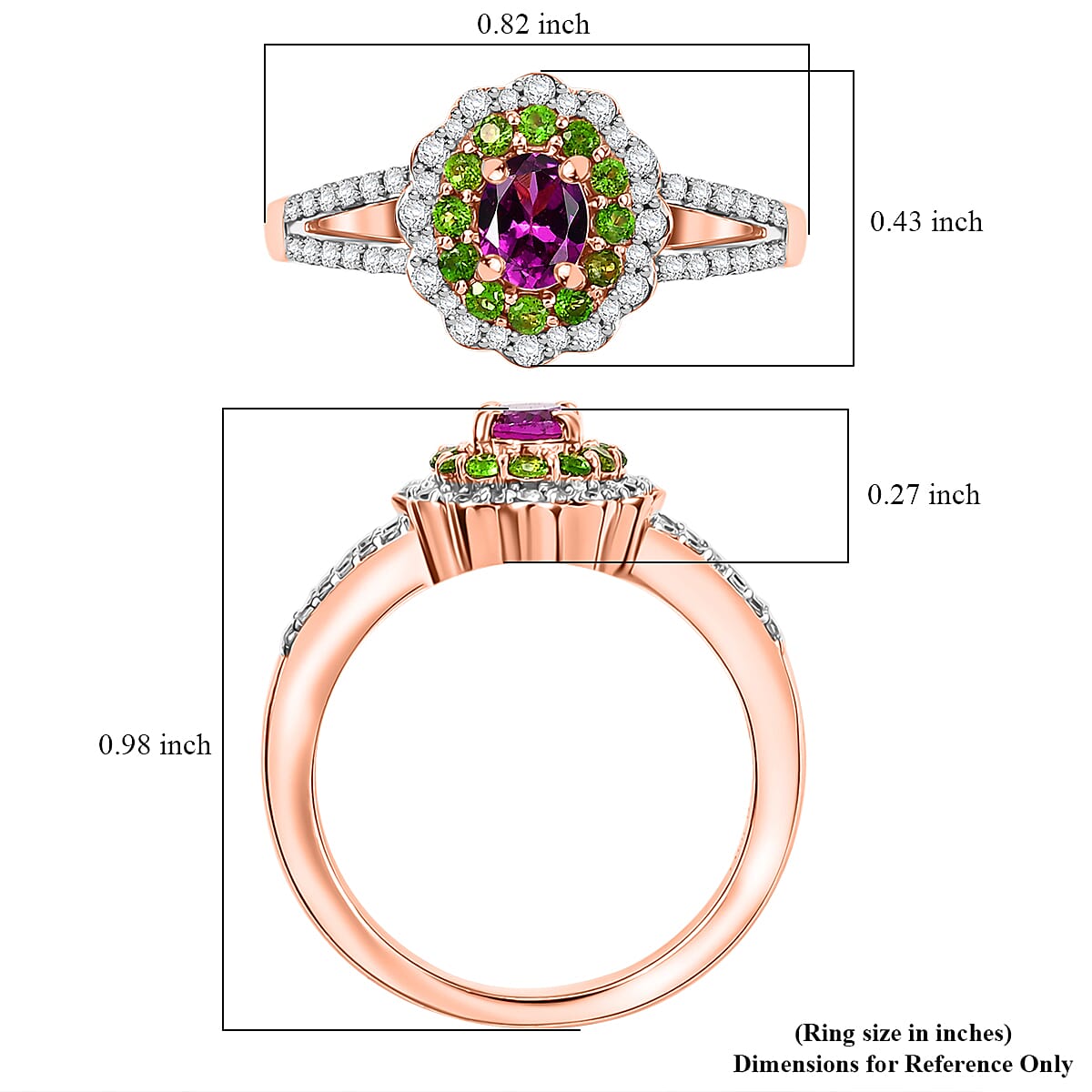 D'Joy AAA Radiant Ember Garnet, White Zircon and Natural Chrome Diopside 1.00 ctw Split Shank Floral Ring in 18K Vermeil Rose Gold Sterling Silver (Size 10.0)