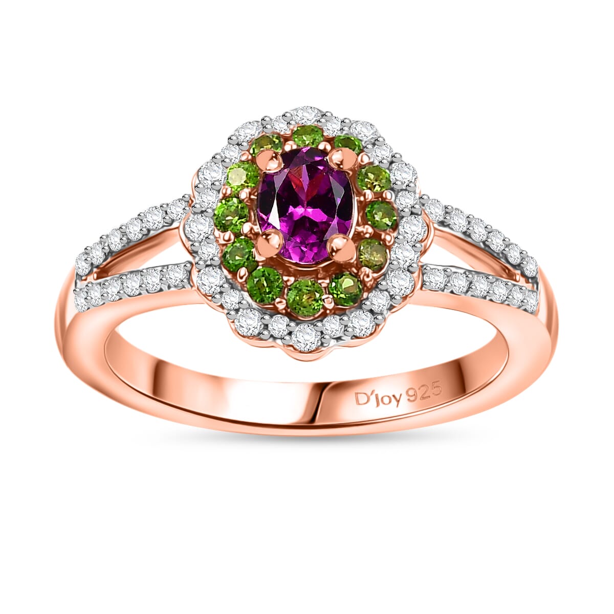 AAA Radiant Ember Garnet and Multi Genstone 1.00 ctw Split Shank Floral Ring in 18K Vermeil Rose Gold Sterling Silver (Size 9.0) image number 0