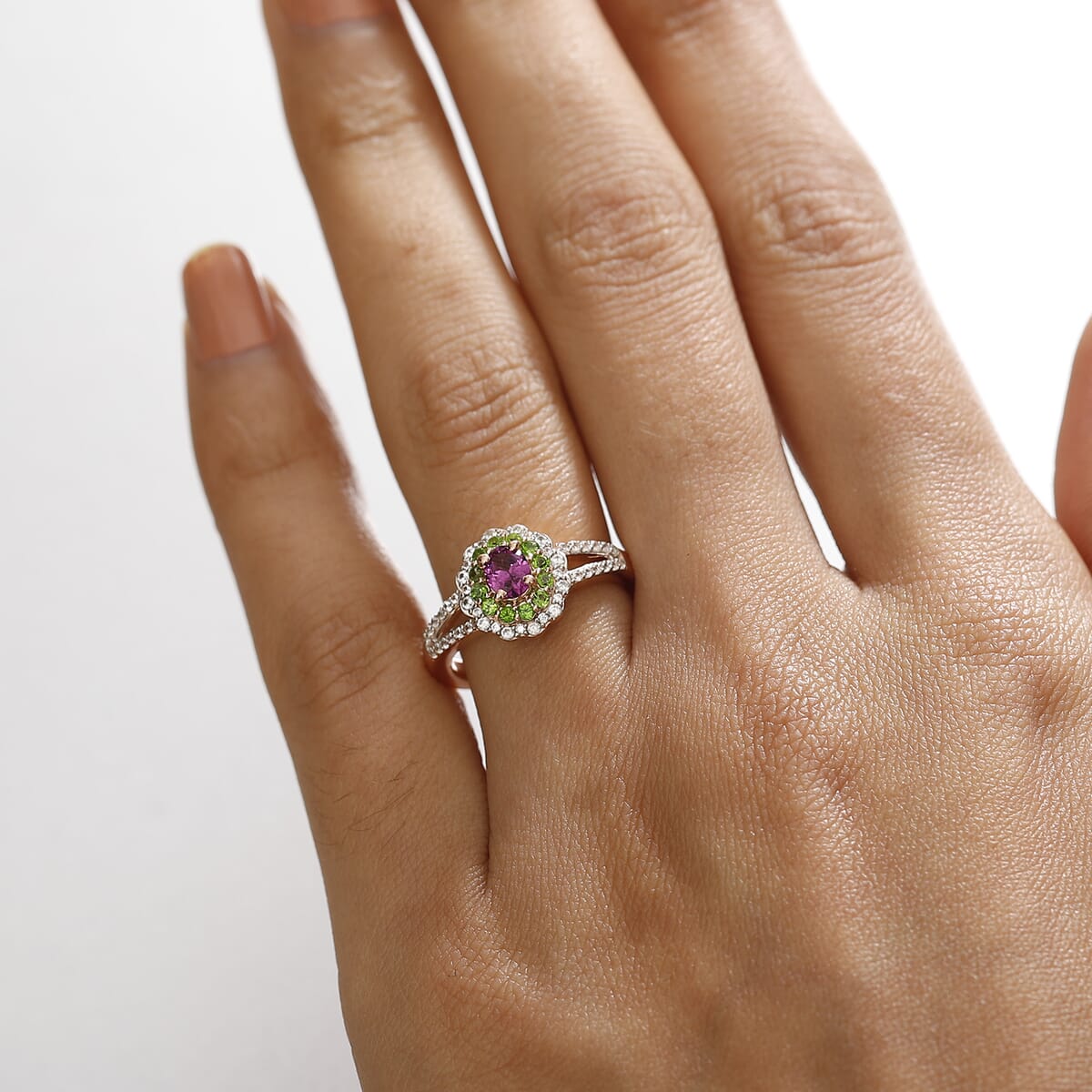 AAA Radiant Ember Garnet and Multi Genstone 1.00 ctw Split Shank Floral Ring in 18K Vermeil Rose Gold Sterling Silver (Size 9.0) image number 2