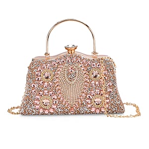 Champagne 3D Peacock Pattern Crystal Clutch Bag with Shoulder Chain Strap