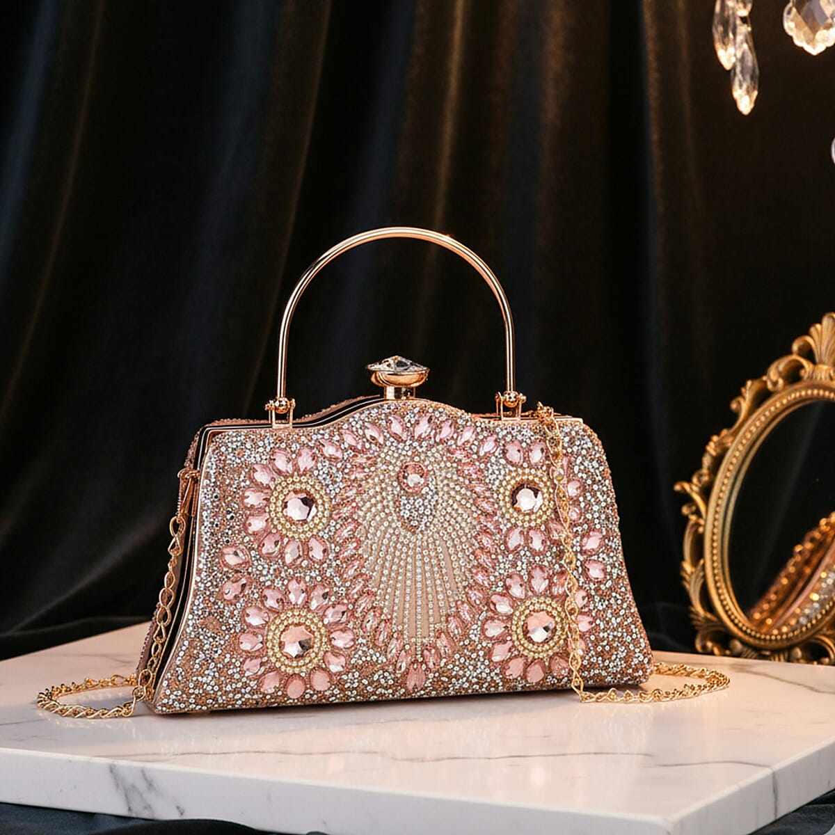 Champagne 3D Peacock Pattern Crystal Clutch Bag with Shoulder Chain Strap image number 1