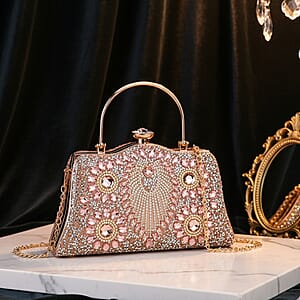 Champagne 3D Peacock Pattern Crystal Clutch Bag with Shoulder Chain Strap