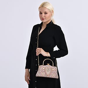 Champagne 3D Peacock Pattern Crystal Clutch Bag with Shoulder Chain Strap
