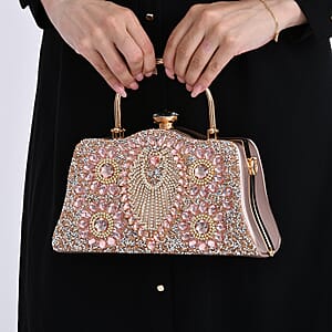 Champagne 3D Peacock Pattern Crystal Clutch Bag with Shoulder Chain Strap