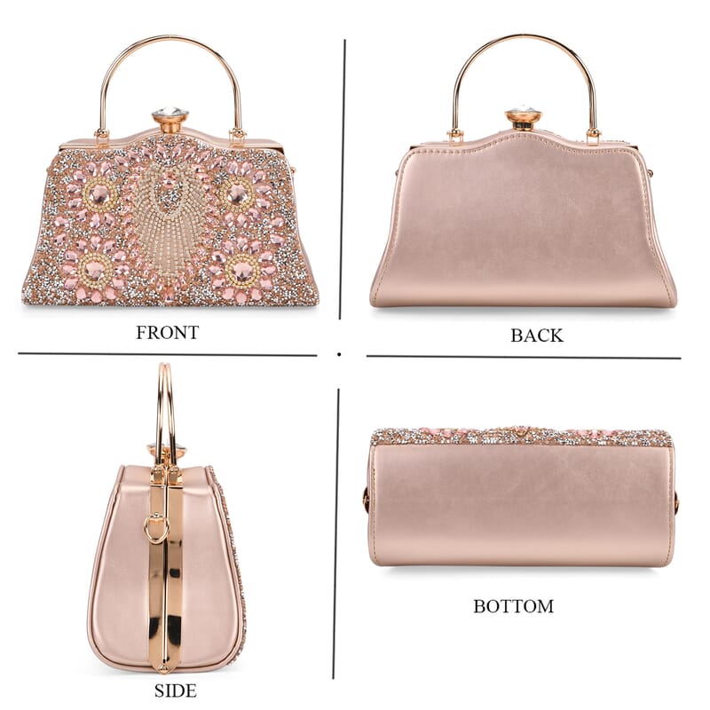 Champagne 3D Peacock Pattern Crystal Clutch Bag with Shoulder Chain Strap
