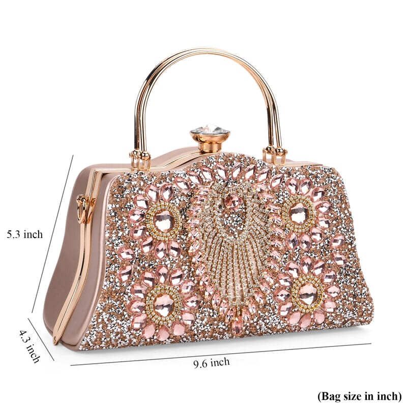 Champagne 3D Peacock Pattern Crystal Clutch Bag with Shoulder Chain Strap