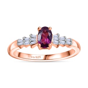 AAA Radiant Ember Garnet and White Diamond 0.65 ctw Ring in 18K Vermeil Rose Gold Sterling Silver (Size 9.0)