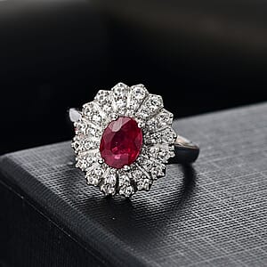 Niassa Ruby (FF) and White Zircon 2.90 ctw Crimson Starburst Ring in Rhodium Over Sterling Silver (Size 5.0)